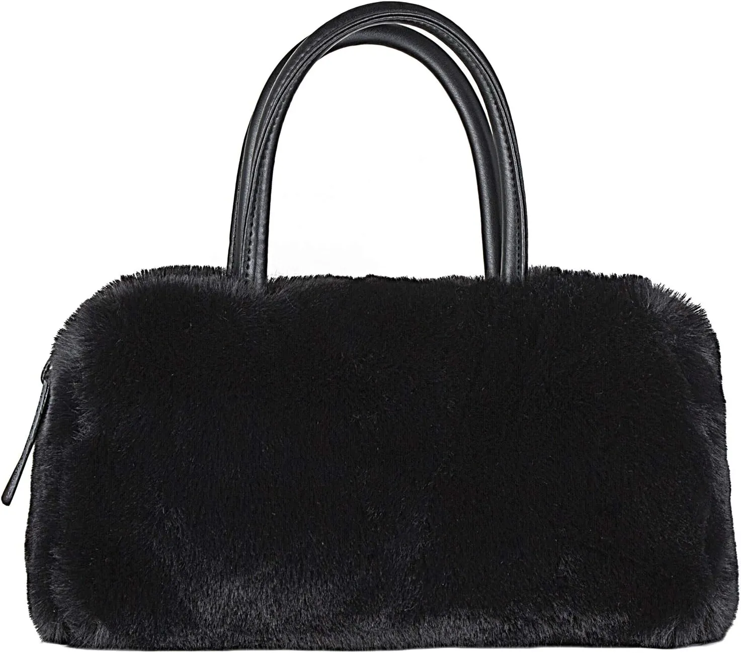 Luxe L 100% Faux Fur Bowler Bag for Women Soft Modern Top-Handle Handbag with Detachable and Adjustable Faux-Leather Strap