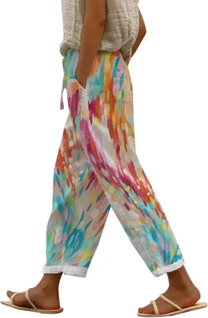 Luxury Linen Blend Trousers High Waist Wide Leg Women's 2025 Summer Beach Palazzo Pants with Belt Loops