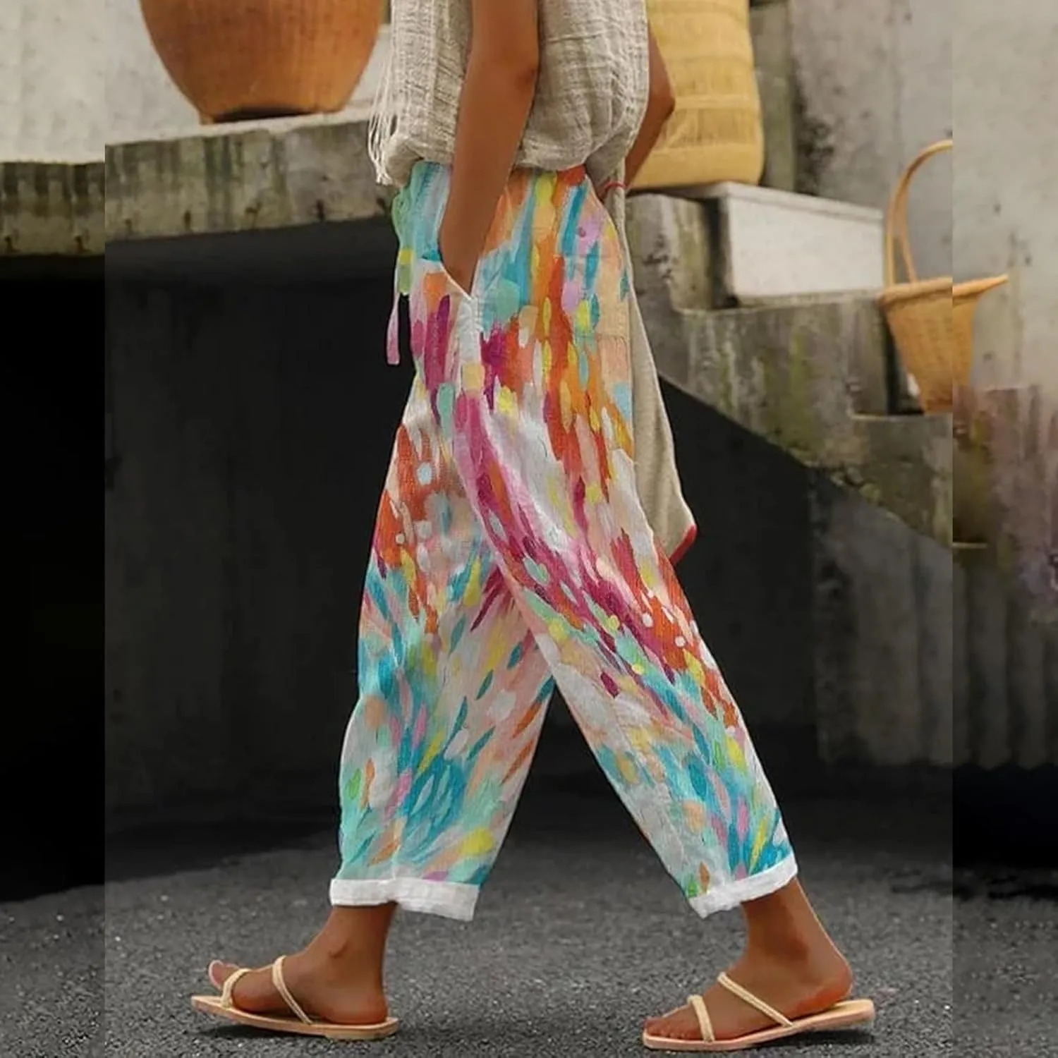 Luxury Linen Blend Trousers High Waist Wide Leg Women's 2025 Summer Beach Palazzo Pants with Belt Loops