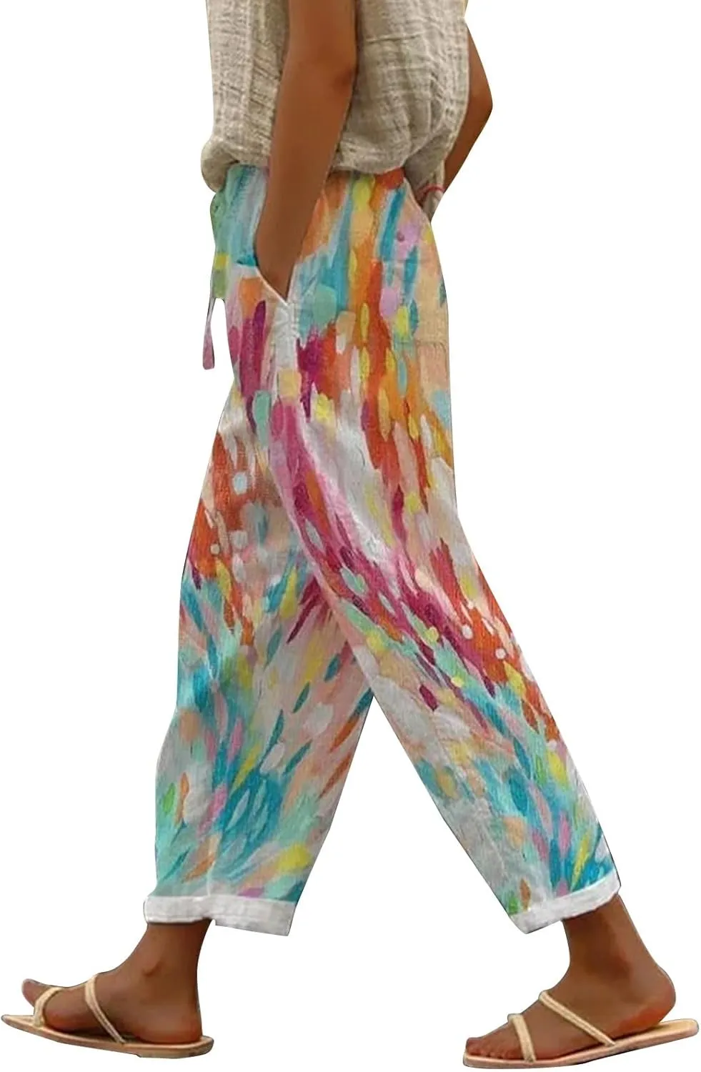 Luxury Linen Blend Trousers High Waist Wide Leg Women's 2025 Summer Beach Palazzo Pants with Belt Loops