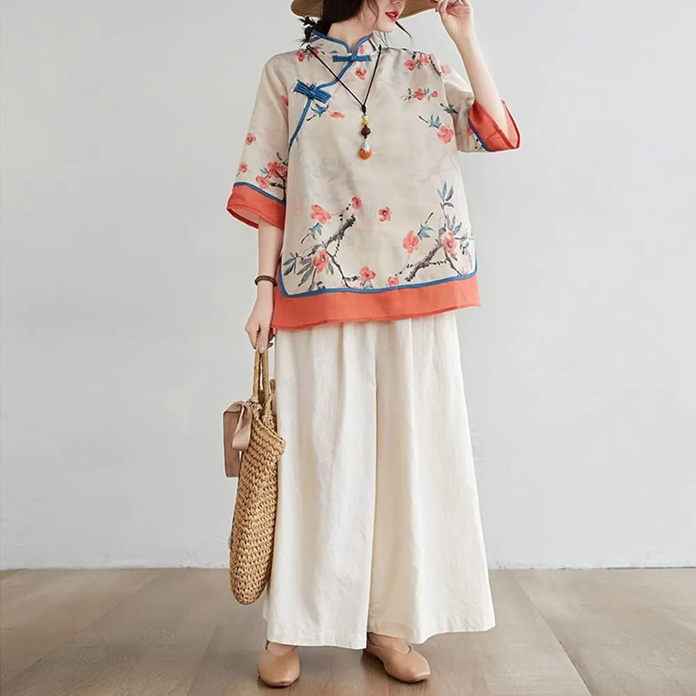 LUZU JUNU Summer Linen Shirt for Women Elegant Retro Chinese Frog Button Cute Floral Tunic Tops Blouse