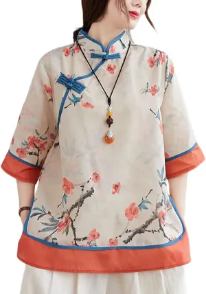 LUZU JUNU Summer Linen Shirt for Women Elegant Retro Chinese Frog Button Cute Floral Tunic Tops Blouse