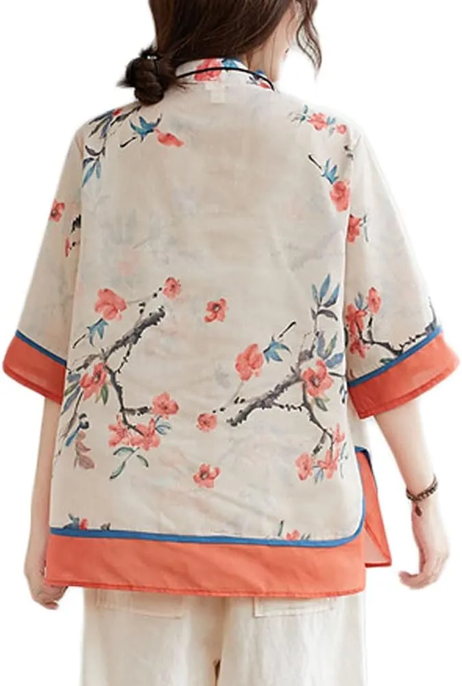 LUZU JUNU Summer Linen Shirt for Women Elegant Retro Chinese Frog Button Cute Floral Tunic Tops Blouse