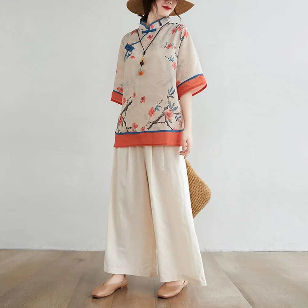 LUZU JUNU Summer Linen Shirt for Women Elegant Retro Chinese Frog Button Cute Floral Tunic Tops Blouse