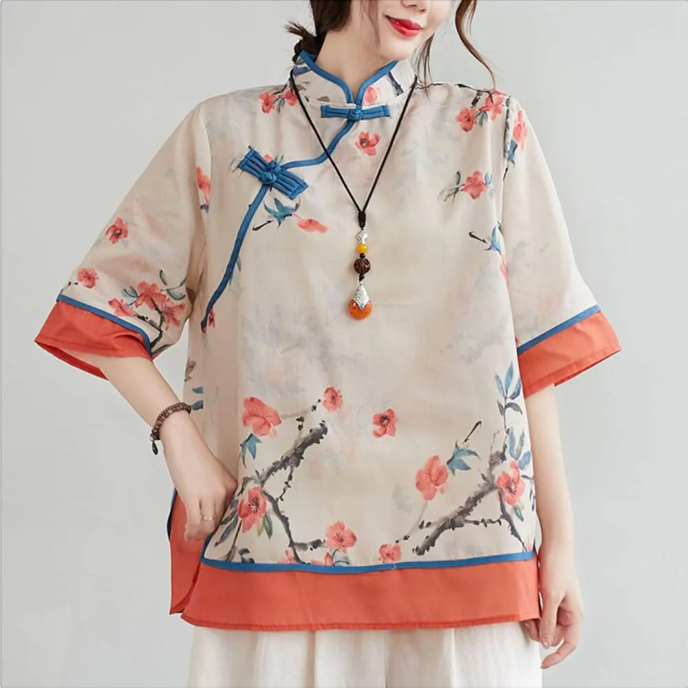 LUZU JUNU Summer Linen Shirt for Women Elegant Retro Chinese Frog Button Cute Floral Tunic Tops Blouse