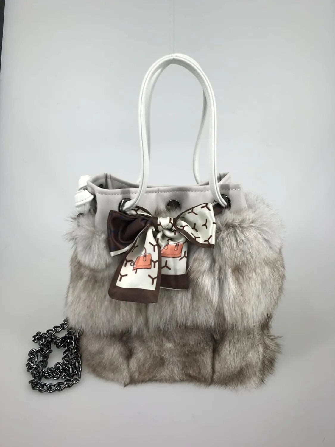 LVCOMEFF Women Natural Fox Fur Mini Handbag Bucket Bag Purse Drawstring Ribbon