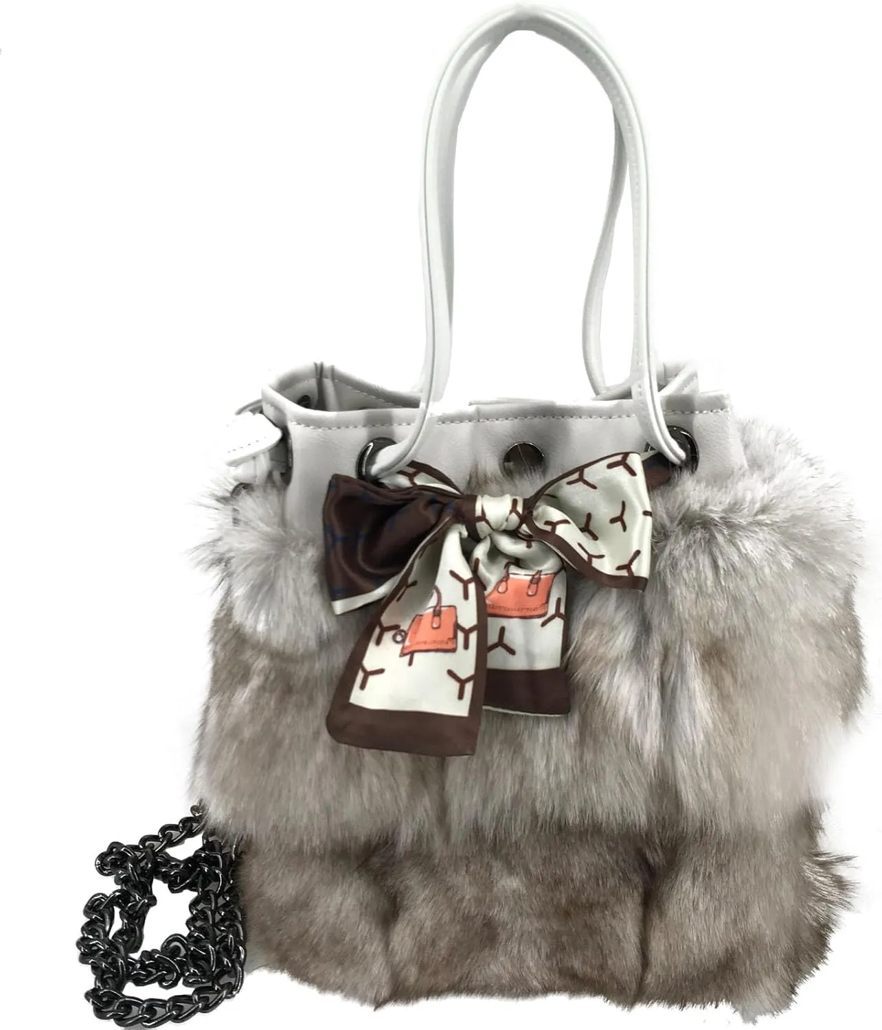 LVCOMEFF Women Natural Fox Fur Mini Handbag Bucket Bag Purse Drawstring Ribbon