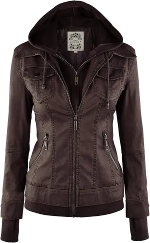 Made By Johnny Faux Leather Jacket Women Motorcycle Coat for Biker with Removable Hood
