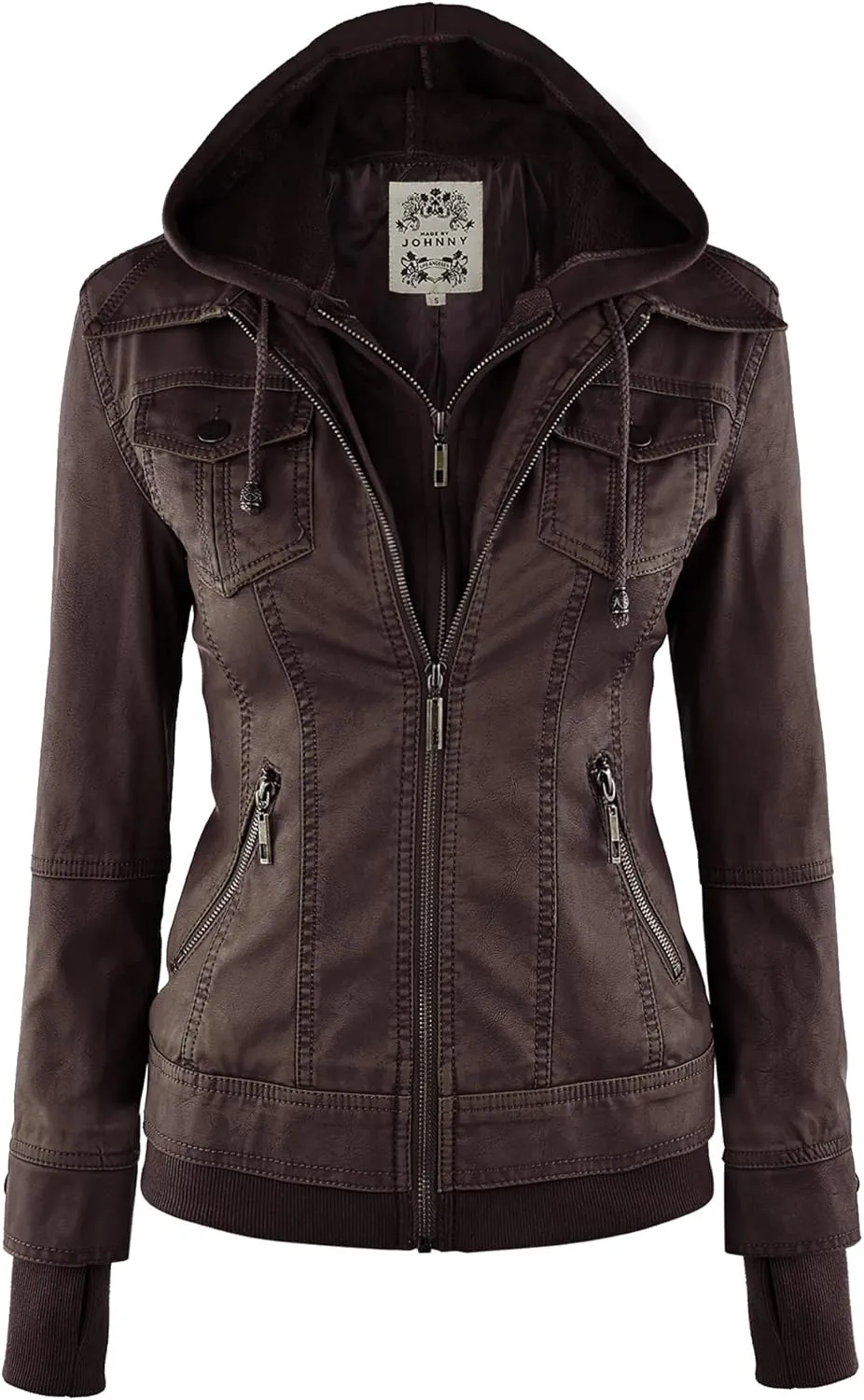 Made By Johnny Faux Leather Jacket Women Motorcycle Coat for Biker with Removable Hood