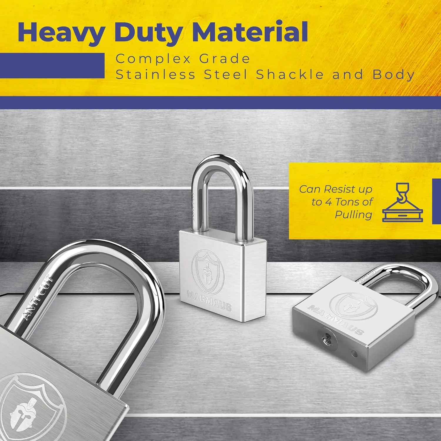 Magmaus® PDX/40 Heavy Duty Lock with 10 Keys - [Stainless Steel] Weatherproof Padlock for Outdoor Use - Ideal for Storage Unit, Shipping Container, Gate