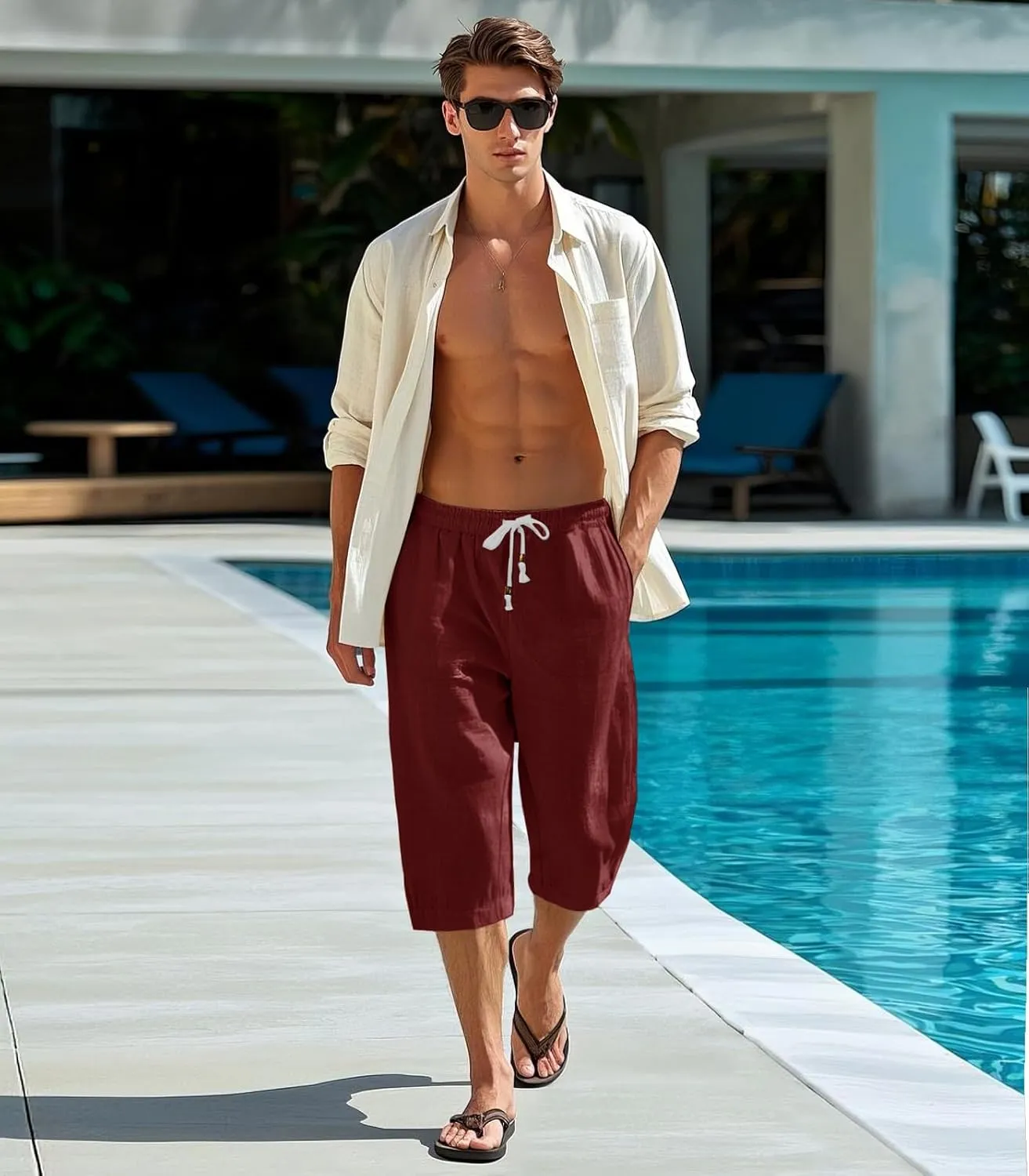 MAGNIVIT Men's Linen Cotton Capri Pants Loose Fit Elastic Waist Wide Leg Baggy Harem Pants