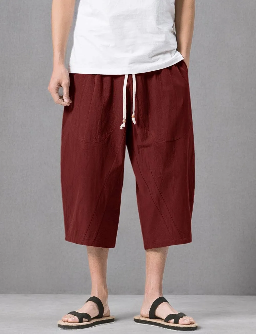 MAGNIVIT Men's Linen Cotton Capri Pants Loose Fit Elastic Waist Wide Leg Baggy Harem Pants