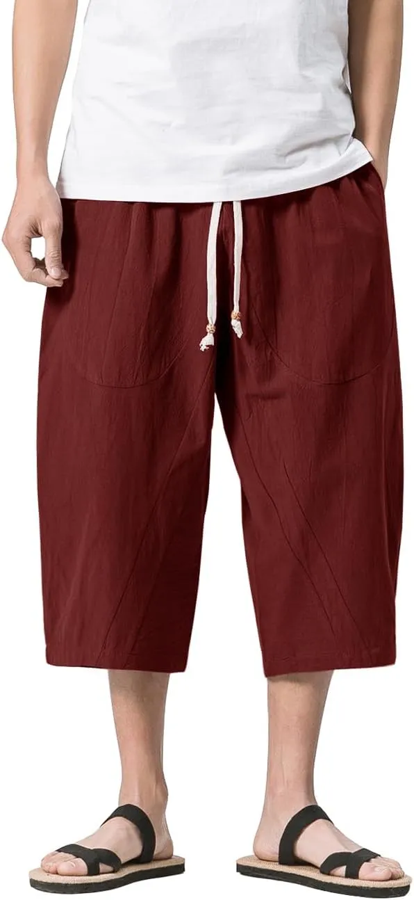 MAGNIVIT Men's Linen Cotton Capri Pants Loose Fit Elastic Waist Wide Leg Baggy Harem Pants