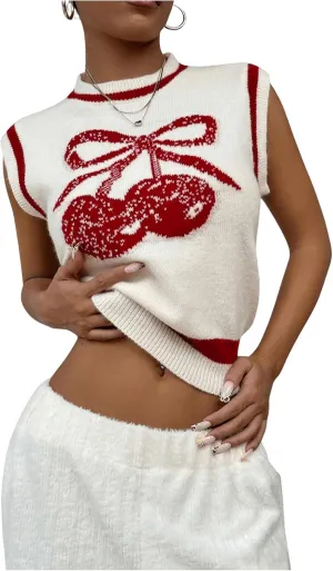 MakeMeChic Women's Cherry Sweater Vest Sleeveless Contrast Binding Crew Neck Knit Pullover Top