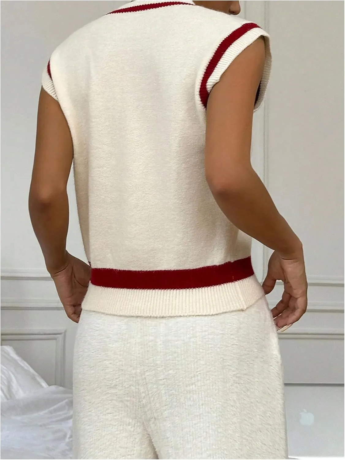 MakeMeChic Women's Cherry Sweater Vest Sleeveless Contrast Binding Crew Neck Knit Pullover Top