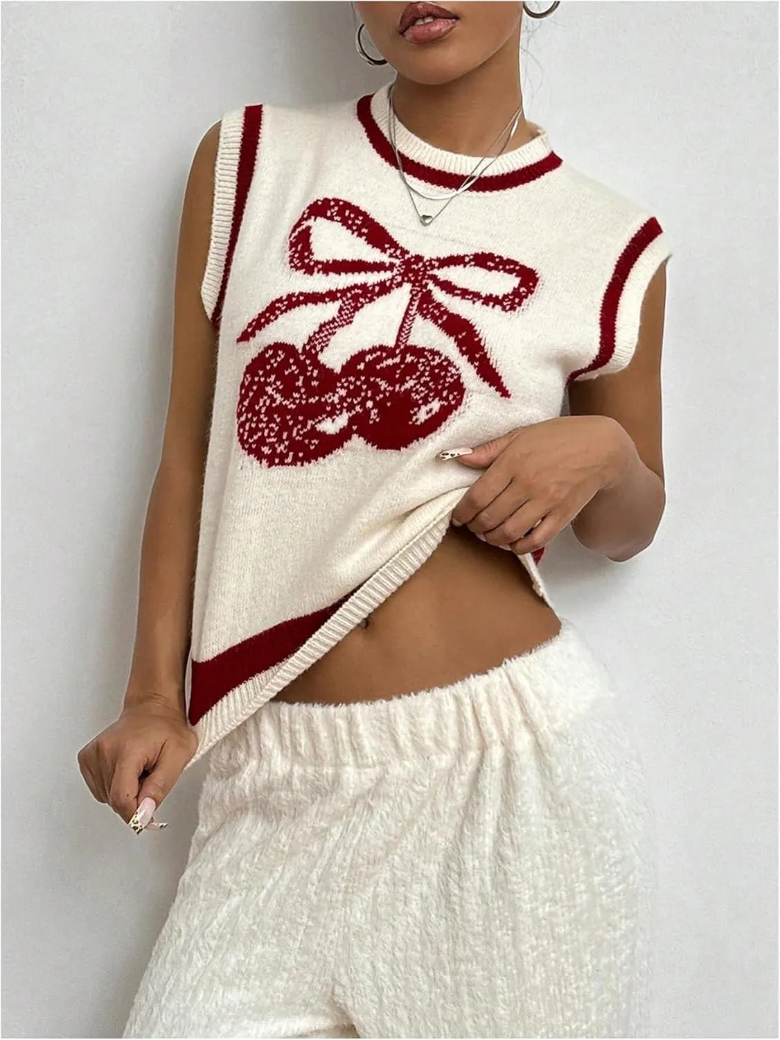 MakeMeChic Women's Cherry Sweater Vest Sleeveless Contrast Binding Crew Neck Knit Pullover Top