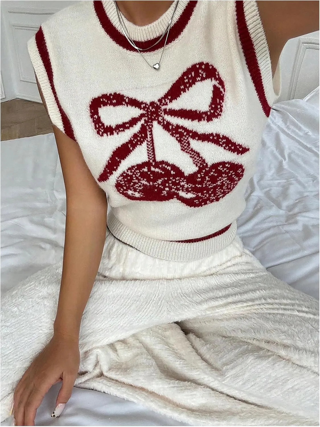 MakeMeChic Women's Cherry Sweater Vest Sleeveless Contrast Binding Crew Neck Knit Pullover Top