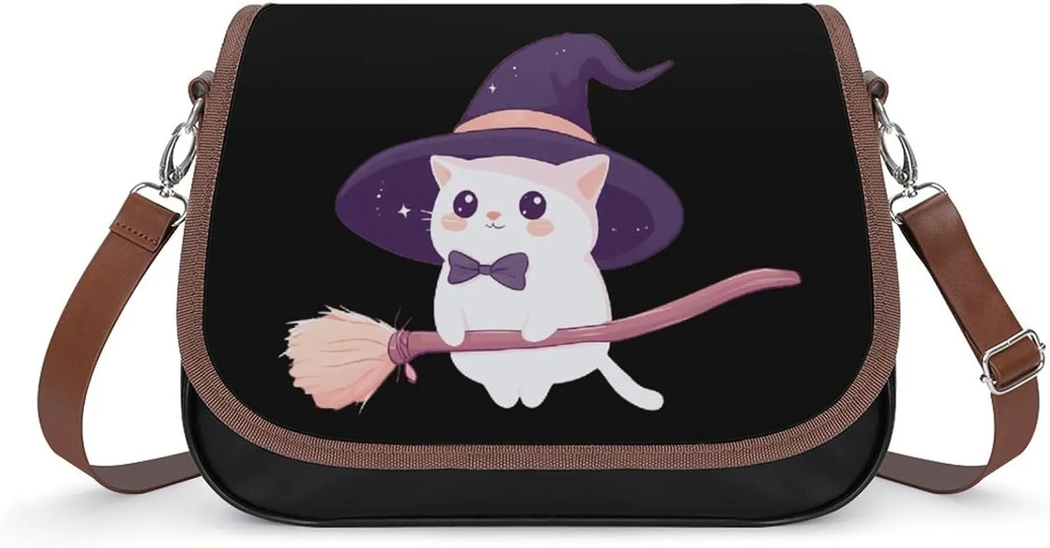 Manx Cat with Magic Wizard Hat Cute Crossbody Purses for Women Leather Shoulder Bag Adjustable Shoulder Strap Handbag