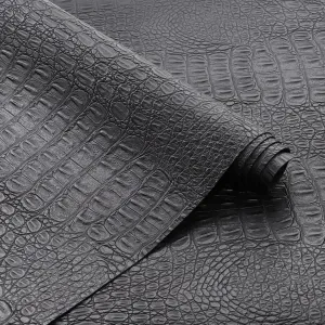 Marine Vinyl Fabric, Waterproof Upholstery Leather Fabric 55" Wide by 36" Crocodile Faux Leather Sheets 0.6mm Thick Anti-UV Non-Peeling Repairing for Sofa Car Boat Home, Black