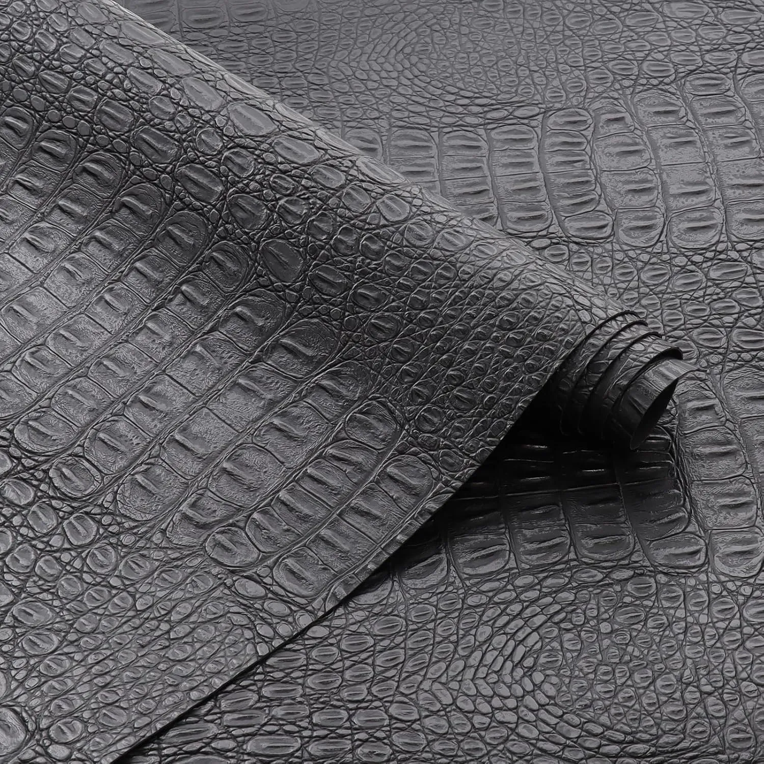Marine Vinyl Fabric, Waterproof Upholstery Leather Fabric 55" Wide by 36" Crocodile Faux Leather Sheets 0.6mm Thick Anti-UV Non-Peeling Repairing for Sofa Car Boat Home, Black
