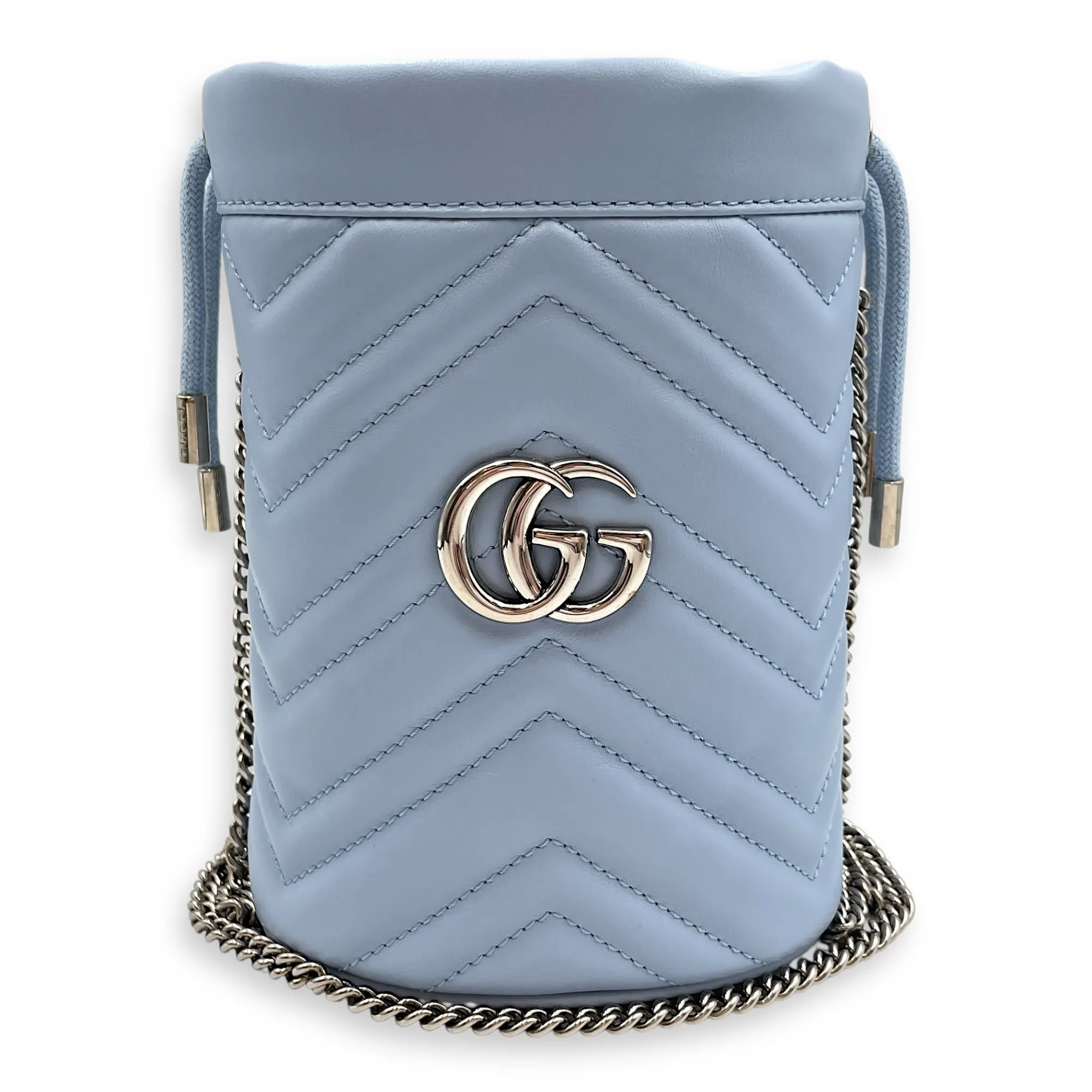 Marmont Bucket Mini Light Blue Bucket Bag in Calfskin, Silver hardware