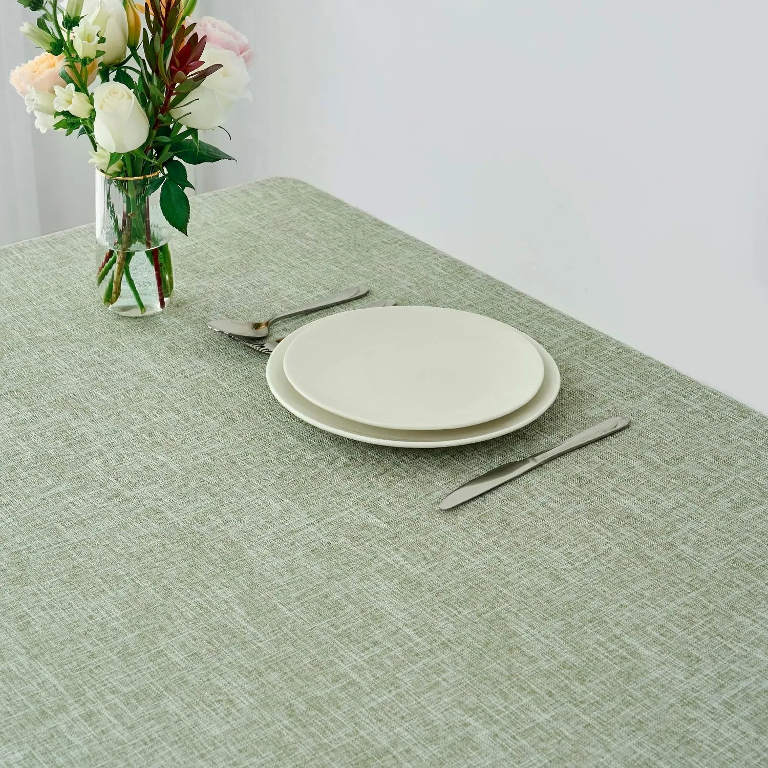 maxmill Flaxy Faux Linen Table Cloth with 2-Tone Slubby Texture Wrinkle Resistant Anti-Shrink Soft Tablecloth for Kitchen Dining Tabletop for Buffet Banquet Parties Rectangle 52 x 70 Inch Sage