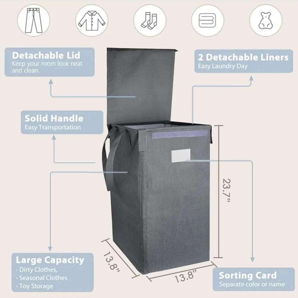 MCleanPin 210L Laundry Hamper with Lid and 2 Removable Liners, Collapsible Dirty Clothes Hamper with 2 Handles, Collapsible Laundry Basket Baby Nursery Hamper Dorm Room Basket for College,(Grey)