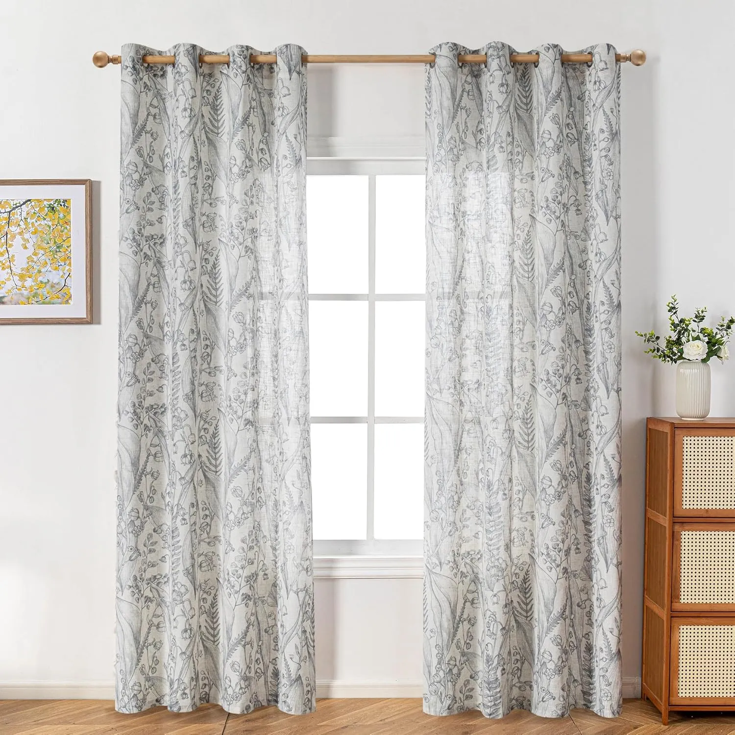 MEETSKY Floral Curtains 84 Inch Length for Living Room Light Grey French Country Curtains & Drapes Light Filtering Windows Grommet Semi Sheer Curtain Set Soft Elegant, 52" x 84", Grey, 2 Panels