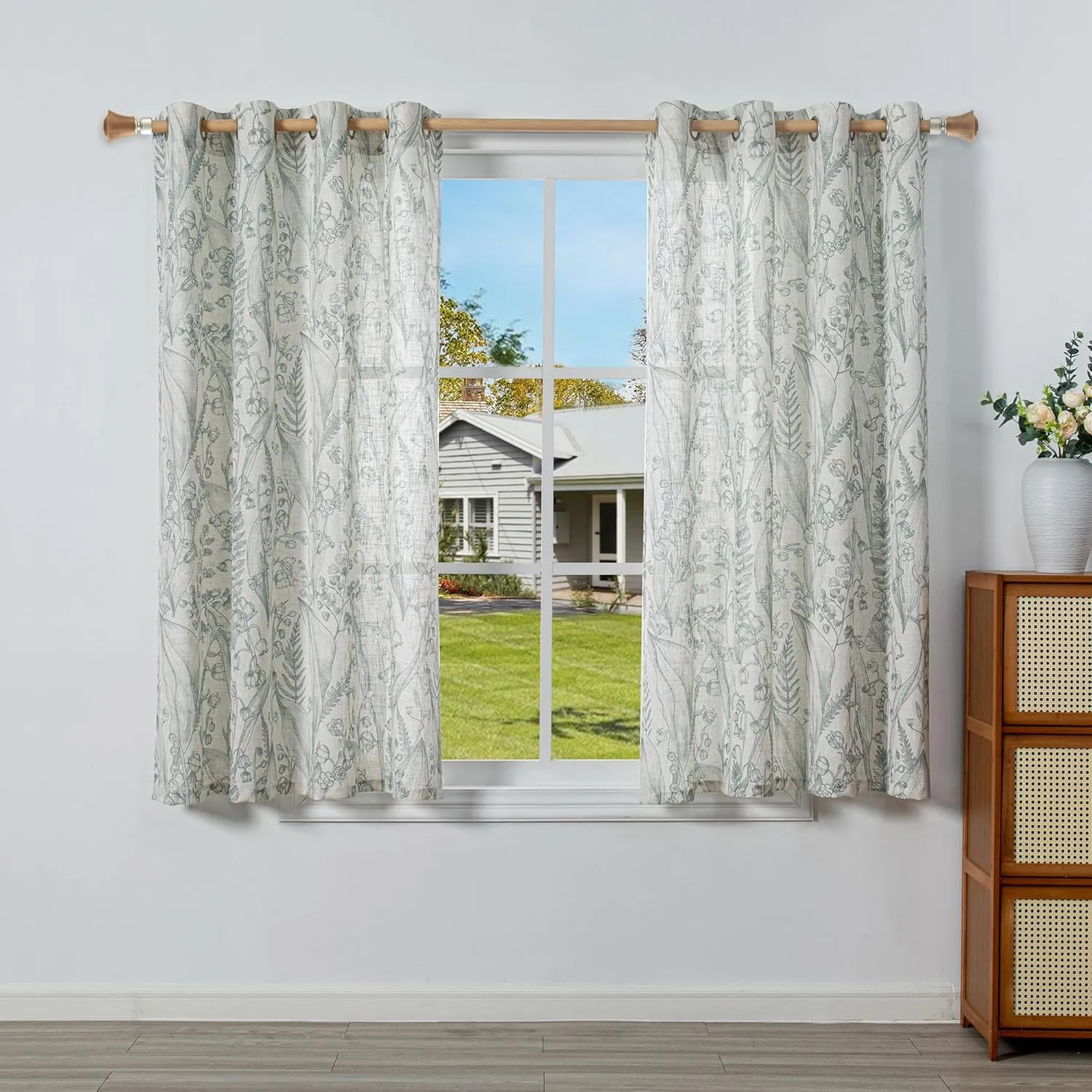MEETSKY Green Curtains for Bedroom Kitchen Curtain Panels 63 Inch Long Linen Semi Sheer Curtain Plant Light Filtering Printed Window Drapes with Grommet, 2 Panels, 52" x 63", Sage