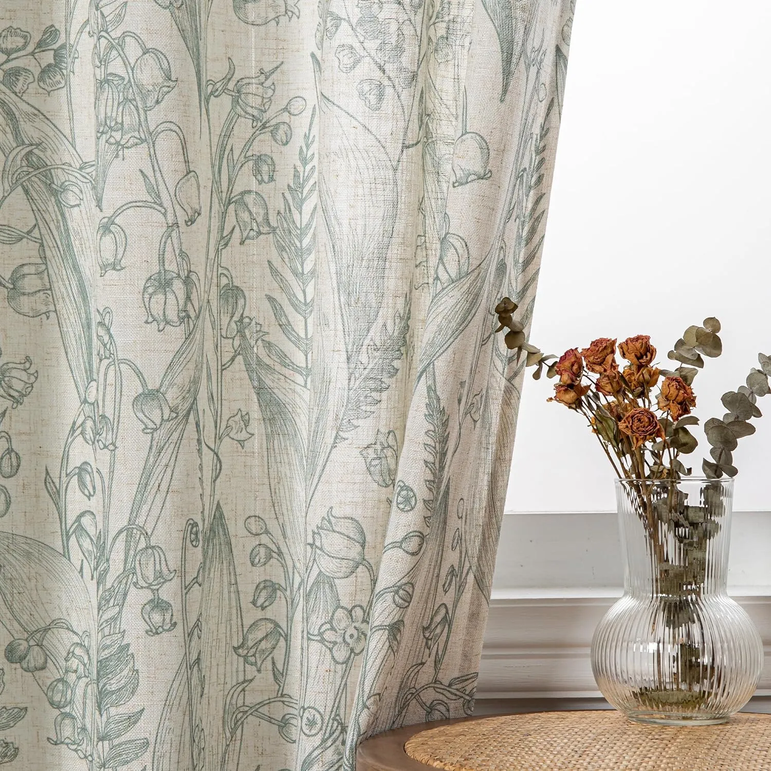 MEETSKY Green Curtains for Bedroom Kitchen Curtain Panels 63 Inch Long Linen Semi Sheer Curtain Plant Light Filtering Printed Window Drapes with Grommet, 2 Panels, 52" x 63", Sage