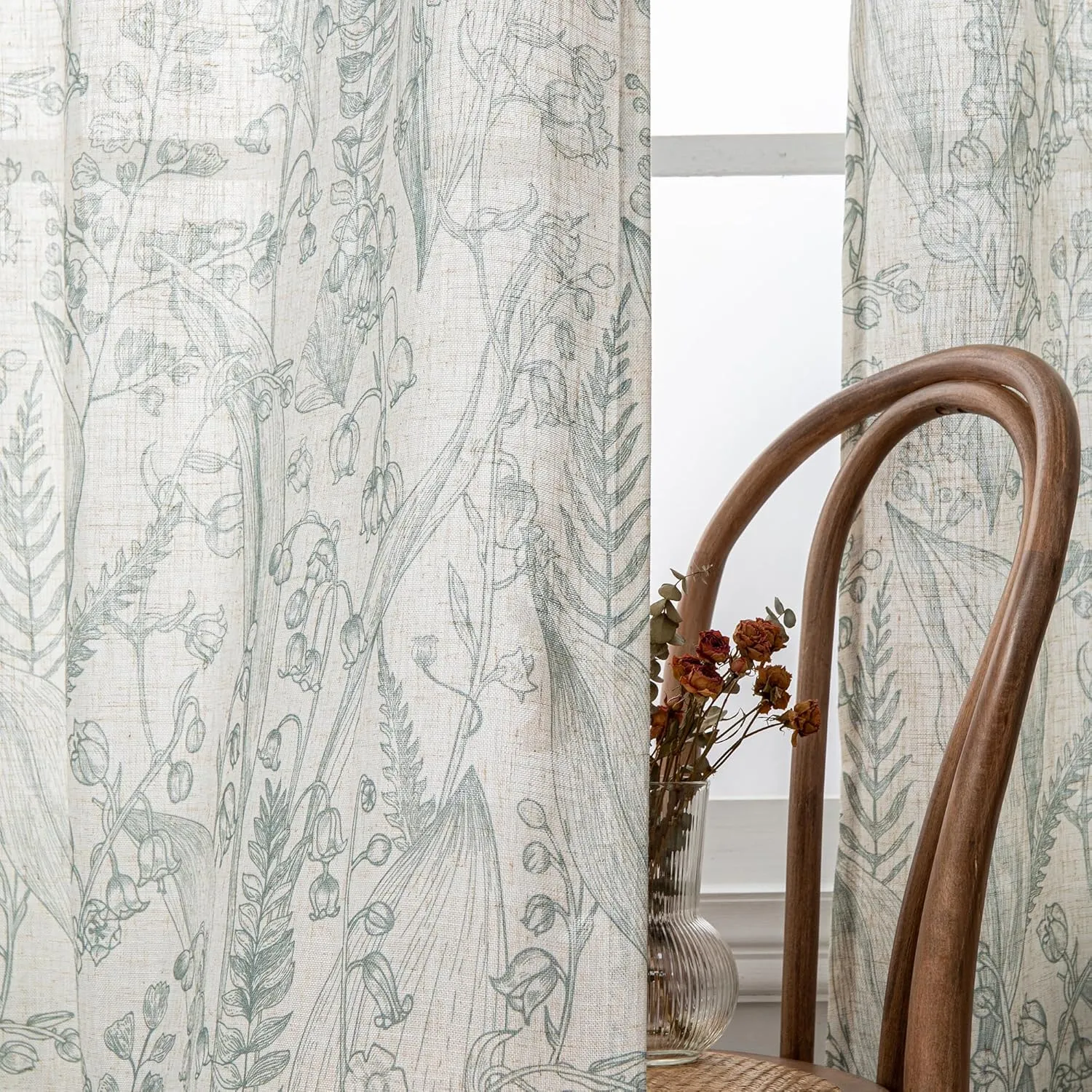 MEETSKY Green Curtains for Bedroom Kitchen Curtain Panels 63 Inch Long Linen Semi Sheer Curtain Plant Light Filtering Printed Window Drapes with Grommet, 2 Panels, 52" x 63", Sage