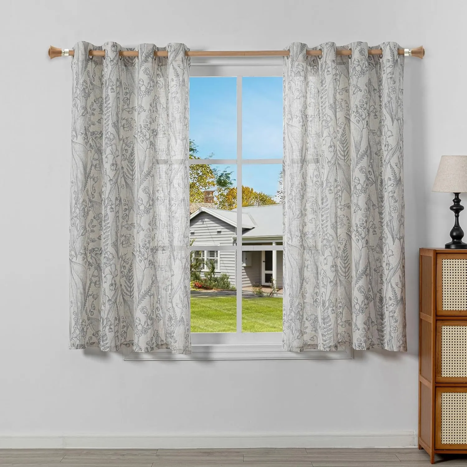 MEETSKY Grey Floral Curtains 63 Inches Long Linen Texture Curtains for Small Window Semi-Sheer Grommet Curtains & Drapes Plant Patterned Drapes for Closet/Kitchen, 52" x 63", Grey, 2 Panels