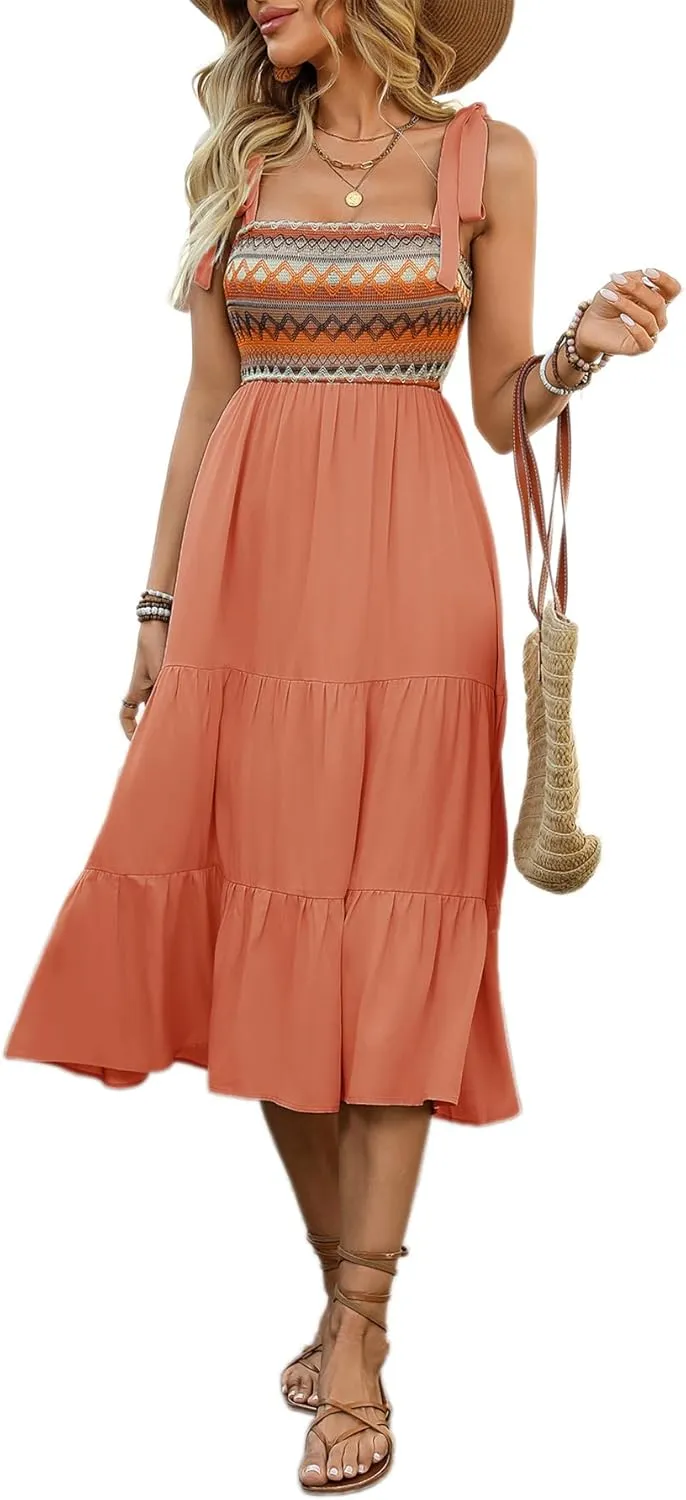 Melliflo Womens Boho Embroidery Patchwork Summer Tiered Midi Dress Square Neck Tie Shoulder Flowy Summer Sundresses
