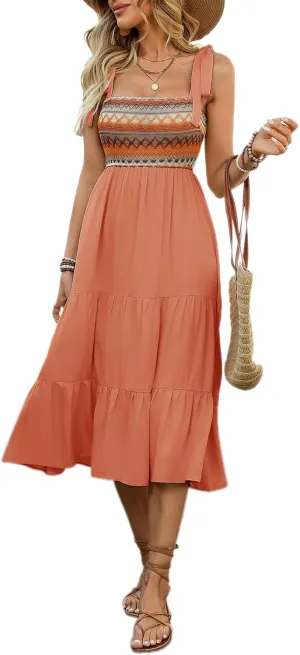 Melliflo Womens Boho Embroidery Patchwork Summer Tiered Midi Dress Square Neck Tie Shoulder Flowy Summer Sundresses