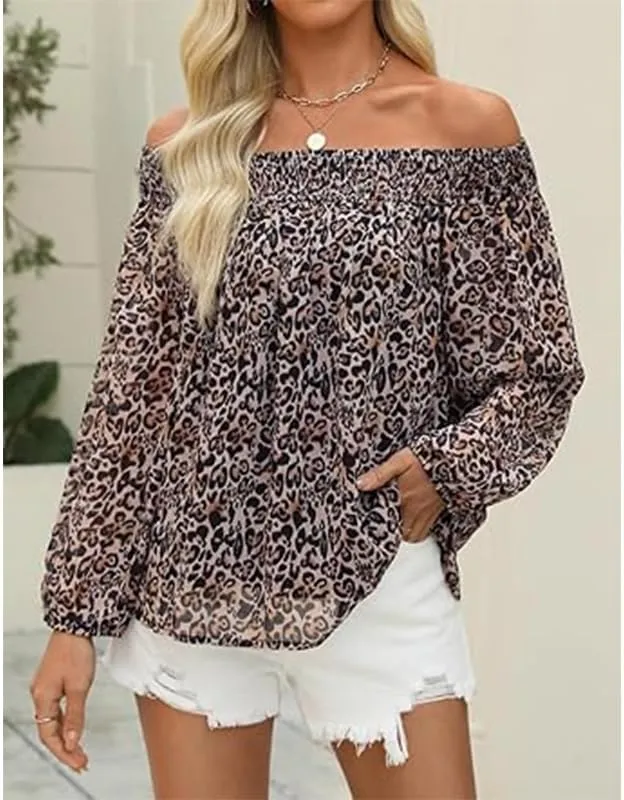 Melliflo Women's Off-Shoulder Ruffle Print Tops Puff Long Sleeve Summer Casual Loose Fit Chiffon Shirts Blouse