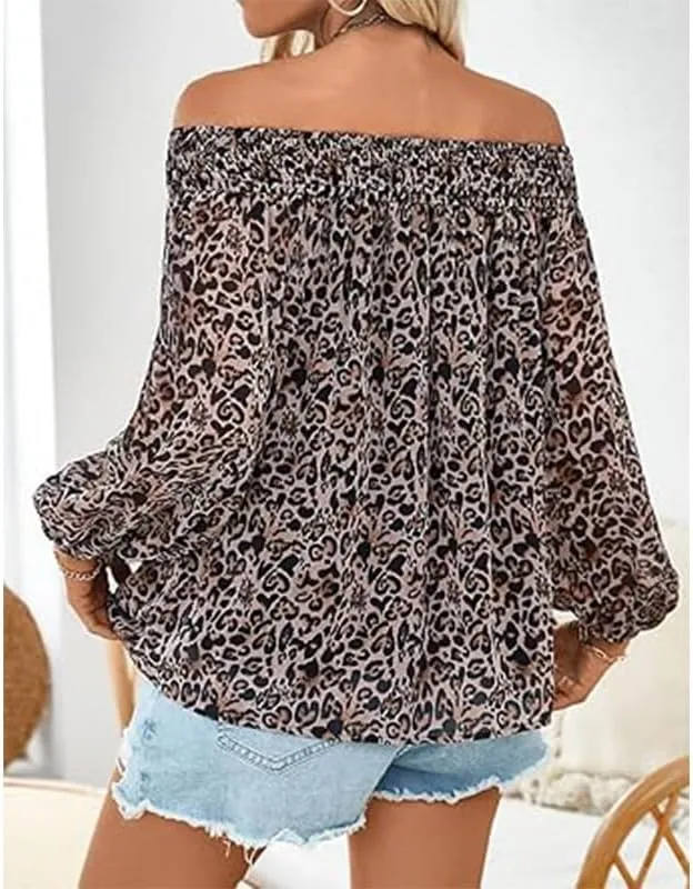 Melliflo Women's Off-Shoulder Ruffle Print Tops Puff Long Sleeve Summer Casual Loose Fit Chiffon Shirts Blouse