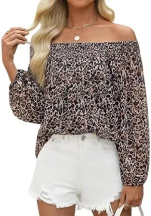 Melliflo Women's Off-Shoulder Ruffle Print Tops Puff Long Sleeve Summer Casual Loose Fit Chiffon Shirts Blouse