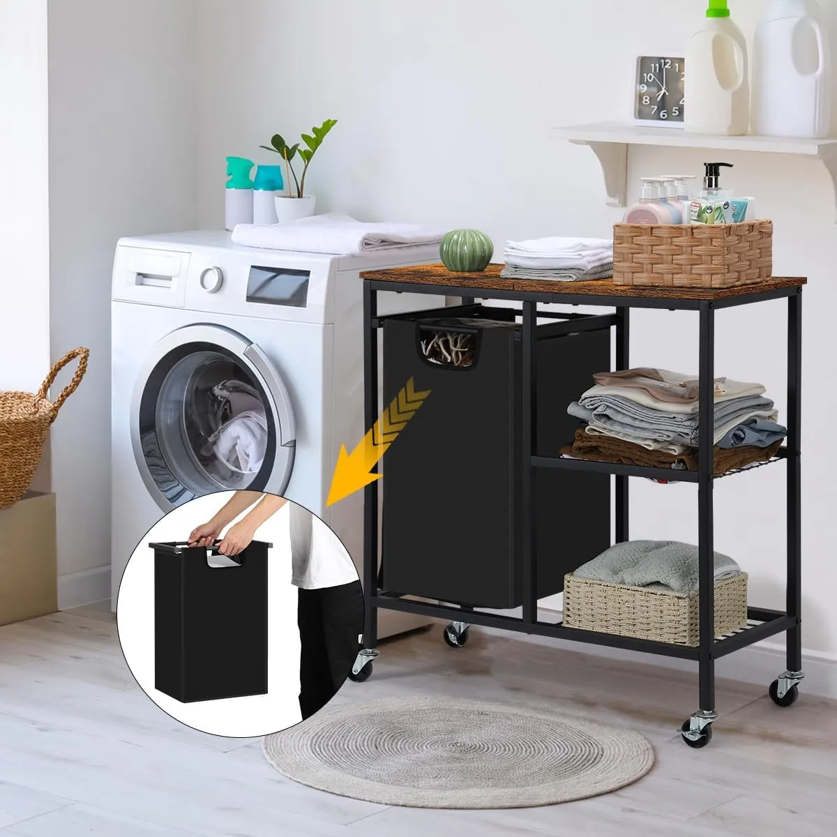 melos Laundry Hamper, Laundry Sorter with Three Shelf, Laundry Basket Organizer Section with Removable Laundry Bags for Clothes,Pull-Out Laundry Basket with Shelf,for Laundry Room, Brown