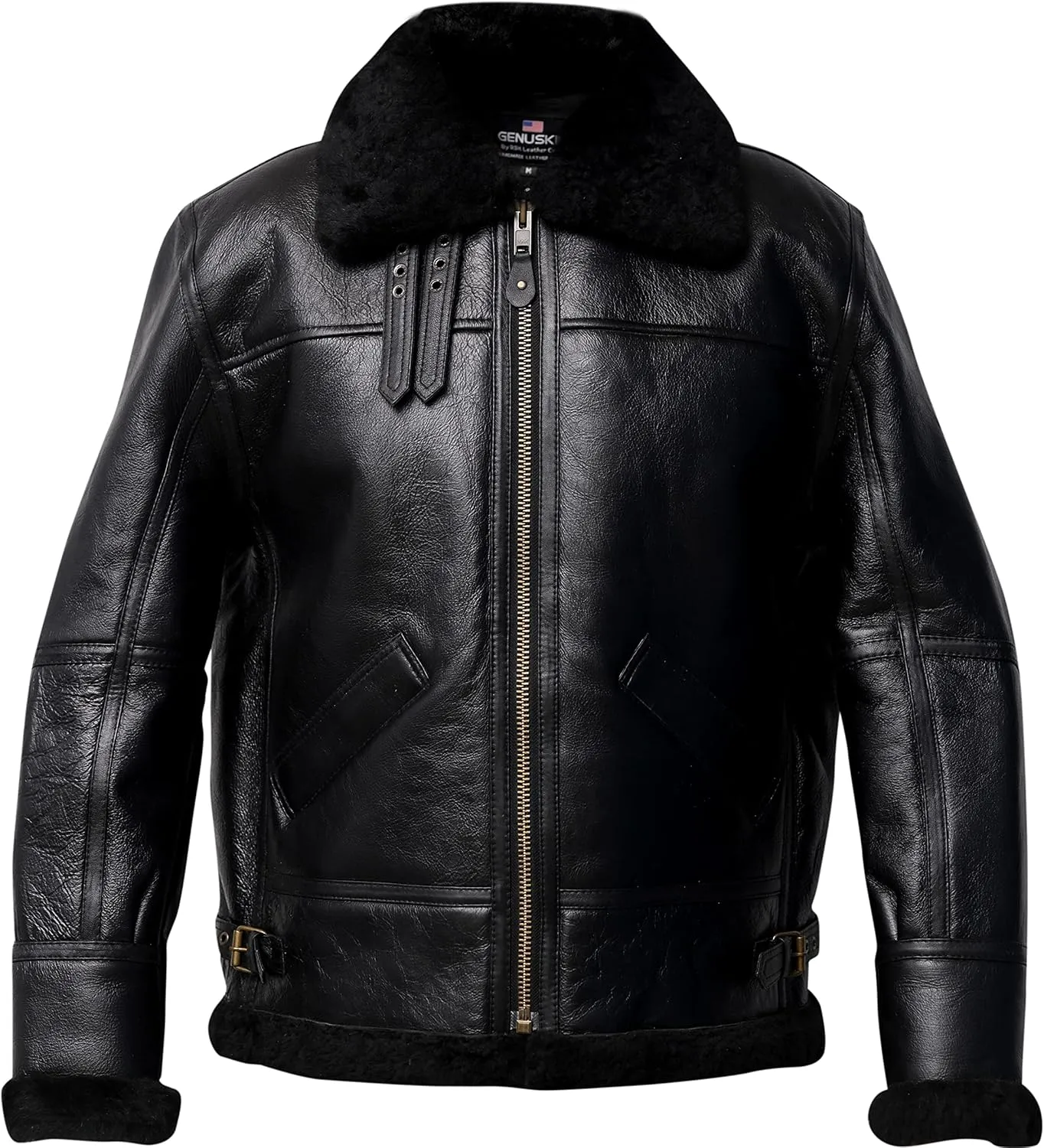Men B3 Bomber Aviator Shearling Sheepskin Leather Winter Jacket, Black