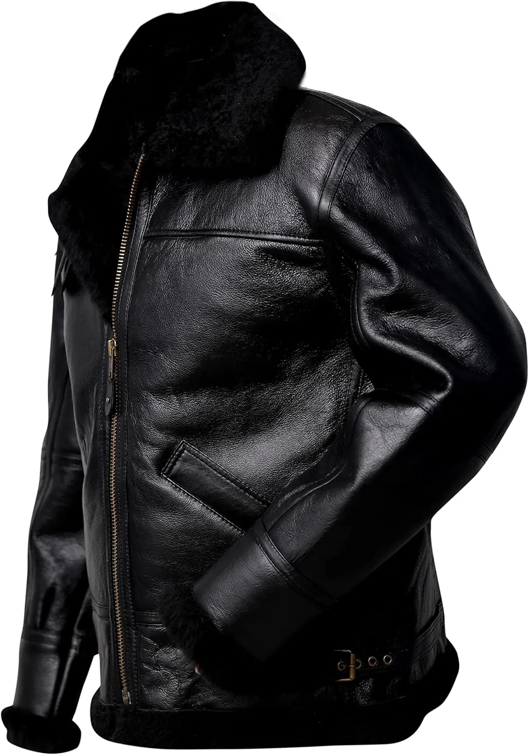 Men B3 Bomber Aviator Shearling Sheepskin Leather Winter Jacket, Black