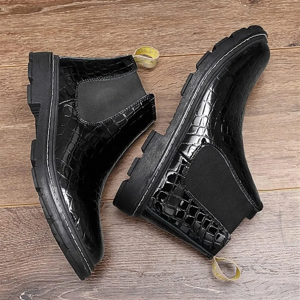 Men Chelsea Boots Round Toe Faux Crocodile Print Leather Wearable Non Slip Anti-slip Casual Pull On