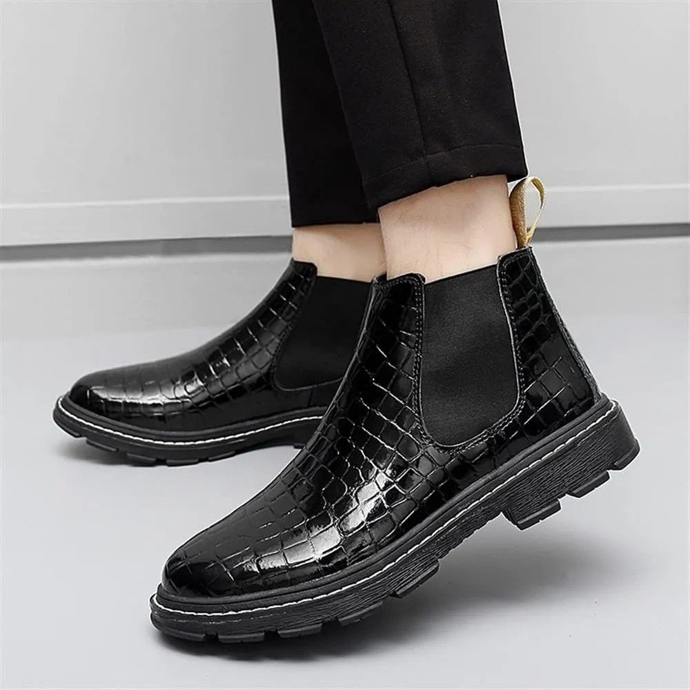 Men Chelsea Boots Round Toe Faux Crocodile Print Leather Wearable Non Slip Anti-slip Casual Pull On