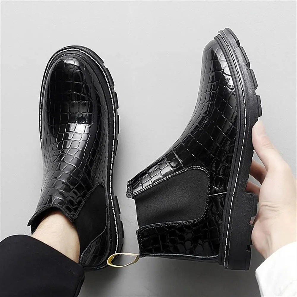 Men Chelsea Boots Round Toe Faux Crocodile Print Leather Wearable Non Slip Anti-slip Casual Pull On