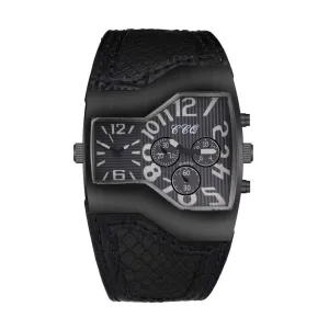 Men Quartz Watch Waterproof Big Dial Multiple Time Zone Digital Display Dual Movement Precise Timing Faux Leather Strap Quartz W