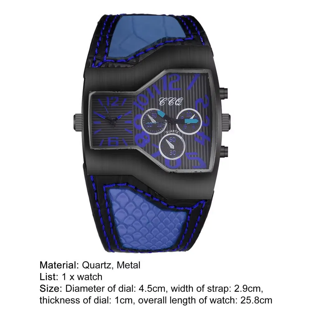Men Quartz Watch Waterproof Big Dial Multiple Time Zone Digital Display Dual Movement Precise Timing Faux Leather Strap Quartz W