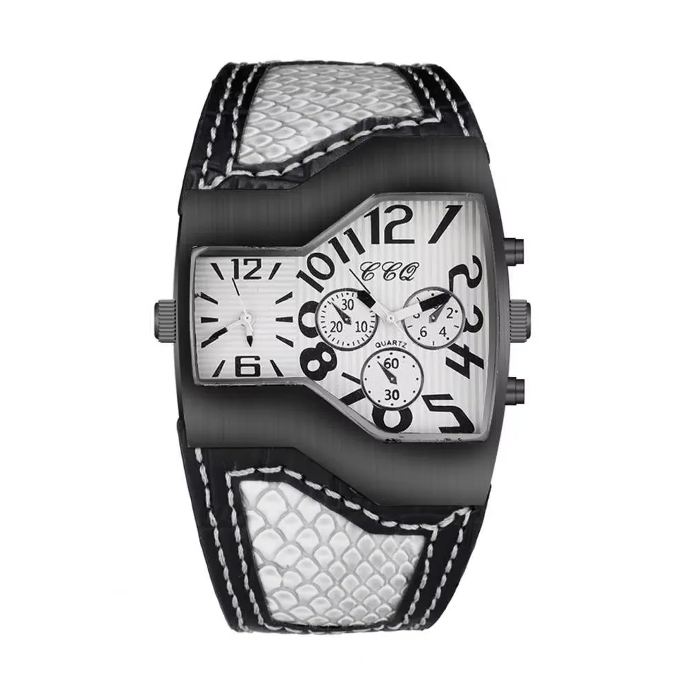Men Quartz Watch Waterproof Big Dial Multiple Time Zone Digital Display Dual Movement Precise Timing Faux Leather Strap Quartz W
