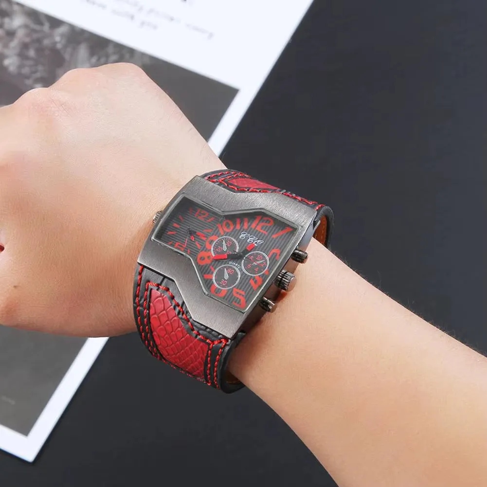 Men Quartz Watch Waterproof Big Dial Multiple Time Zone Digital Display Dual Movement Precise Timing Faux Leather Strap Quartz W