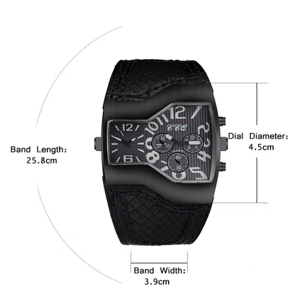 Men Quartz Watch Waterproof Big Dial Multiple Time Zone Digital Display Dual Movement Precise Timing Faux Leather Strap Quartz W