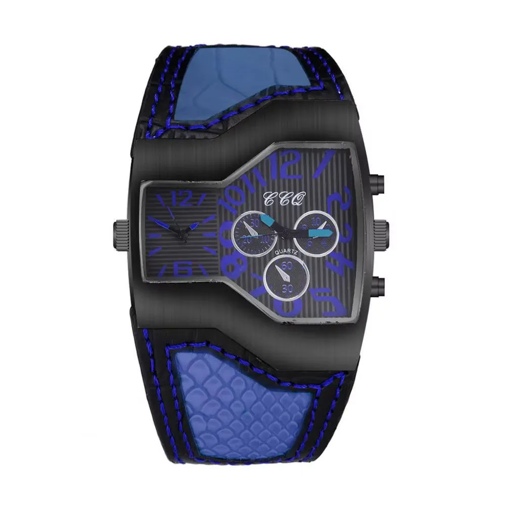Men Quartz Watch Waterproof Big Dial Multiple Time Zone Digital Display Dual Movement Precise Timing Faux Leather Strap Quartz W