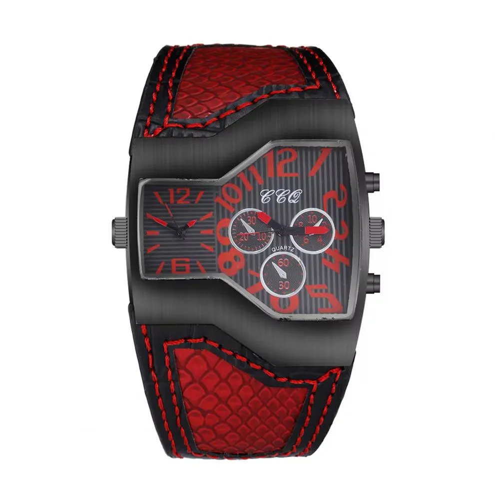 Men Quartz Watch Waterproof Big Dial Multiple Time Zone Digital Display Dual Movement Precise Timing Faux Leather Strap Quartz W